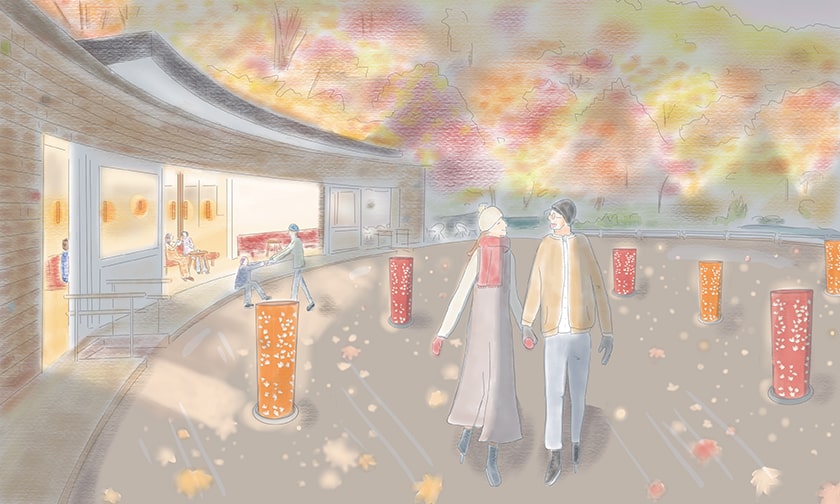 写真:夕暮れに染まる氷上の紅葉アート「紅葉灯りリンク」